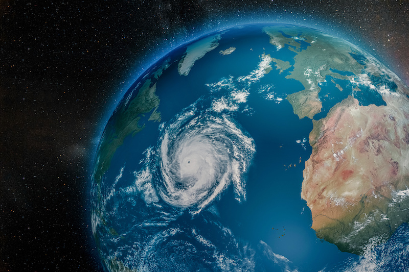Aerial view from the space of a hurricane approaching the European coast. 3D Illustration.